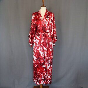 Natori Medium Floral Long Red & White Robe Charmeuse